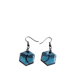 Artisan Hexagon Ceramic Dragonfly Dangle Earrings Black Blue Boho Retro 0.75 in